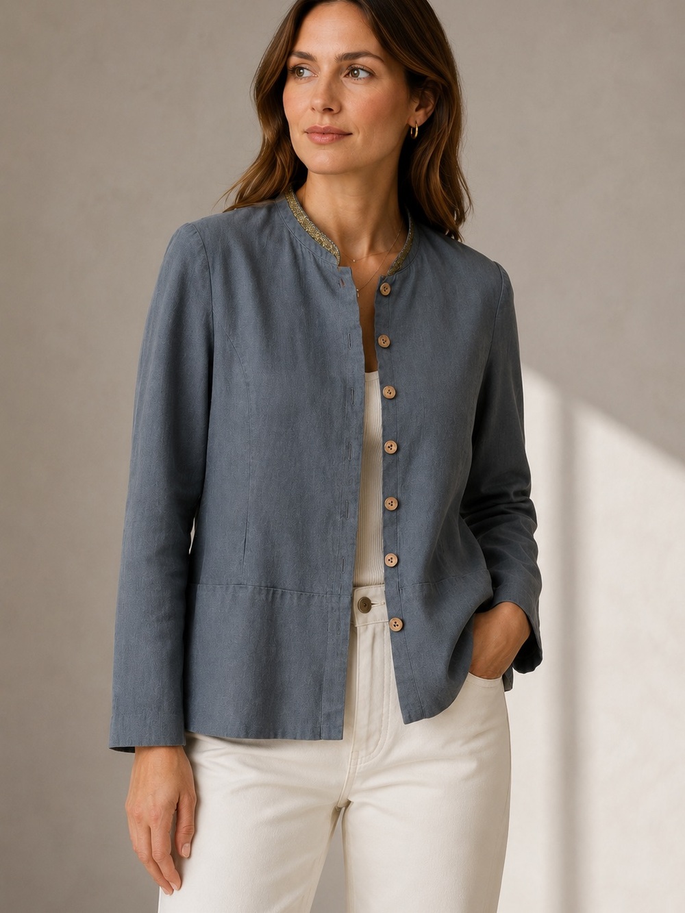 Philippe Adec Woven Mandarin Collar Jacket in Slate Blue